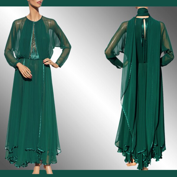 Vintage 1970s Dress -  Emerald Green Rayon Chiffon