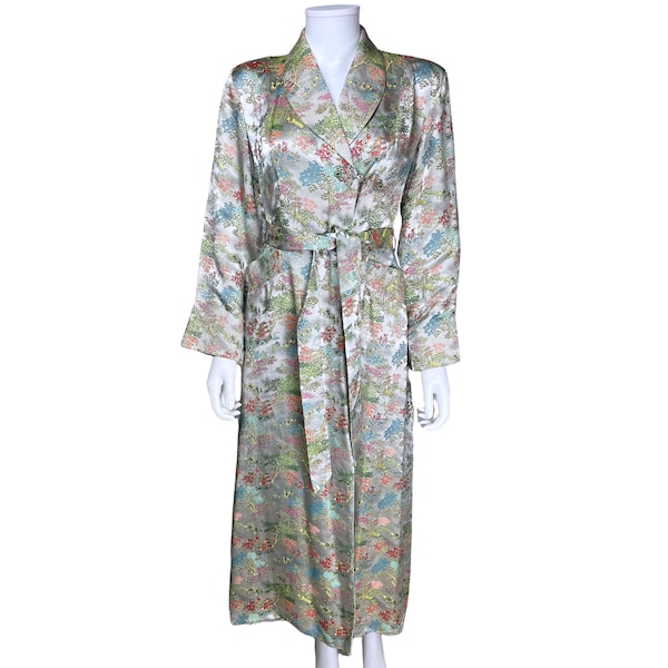 Robe de chambre vintage des années 1940 en satin tissé à motifs asiatiques Robe de détente M - VFG