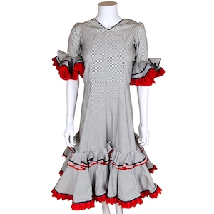 Vintage Spanish Flamenco Dance Dress Polka Dot w Red Flounce XXS