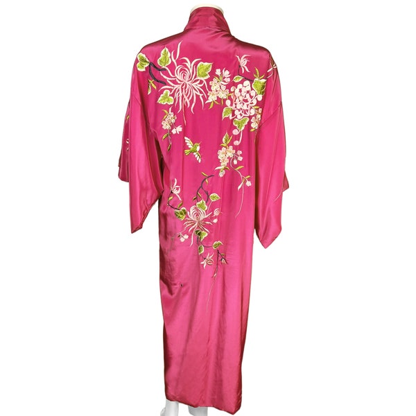 Vintage Embroidered Kimono Dressing Gown Pink Rayon Robe Japan Size L