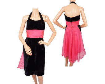 1950s Black Velvet Halter Dress w Pink Organza Train - Size Small - VFG