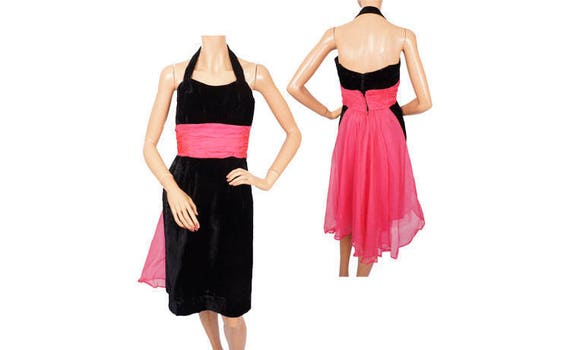 1950s Black Velvet Halter Dress w Pink Organza Tr… - image 1