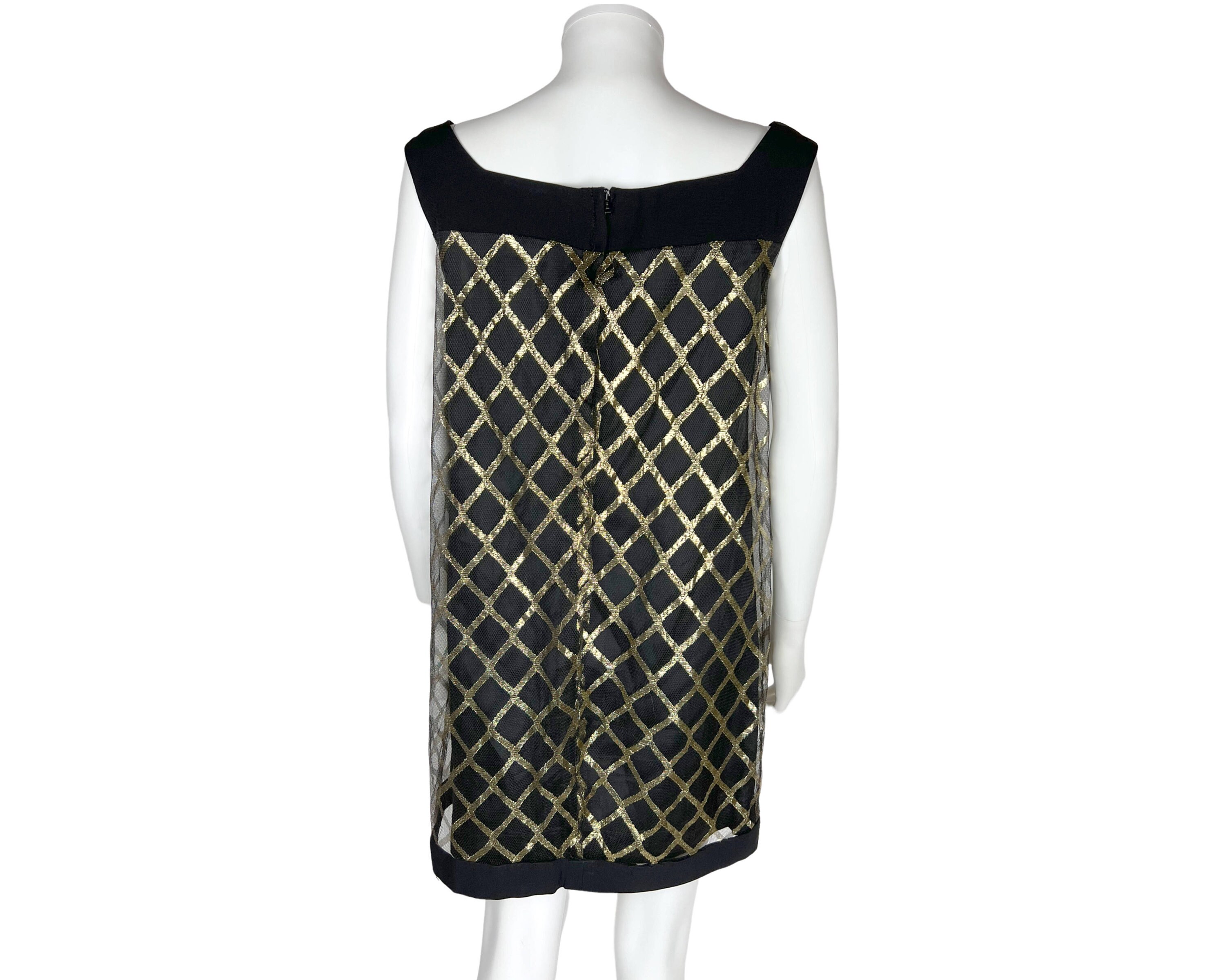 Vintage 1960s Mini Dress Gold Crisscross on Black Net - VFG