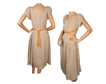 Vintage 1930s Gingham Cotton Dress, Country Girl - Yellow Gray - Size Small - VFG