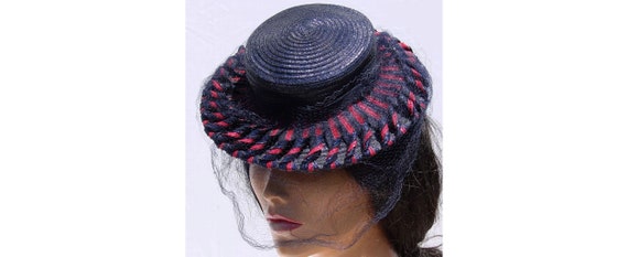 Vintage 1930s Straw Hat - Blue and Red - Tilt Hat