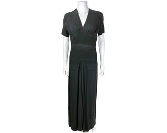 Vintage 1940s Evening Dress Black Silk Chiffon Size M L Tall - VFG