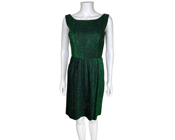 Vintage 1960s Emerald Green Dress Sparkly Metalli… - image 1