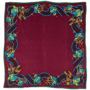 Vintage 1980s Lanvin Paris Scarf Maroon Silk w Ribbon & Rose Border