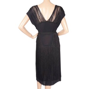 Vintage 1940s Fringed Black Silk Crepe Party Dress Ladies Size Medium