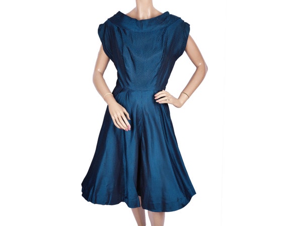 Vintage 1950s Party Dress Shiny Blue Woven Taffet… - image 2
