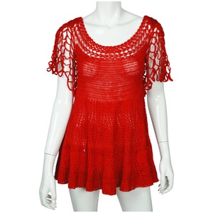 Vintage 1960s Red Crochet Top Hand Knit Pullover Size M - VFG