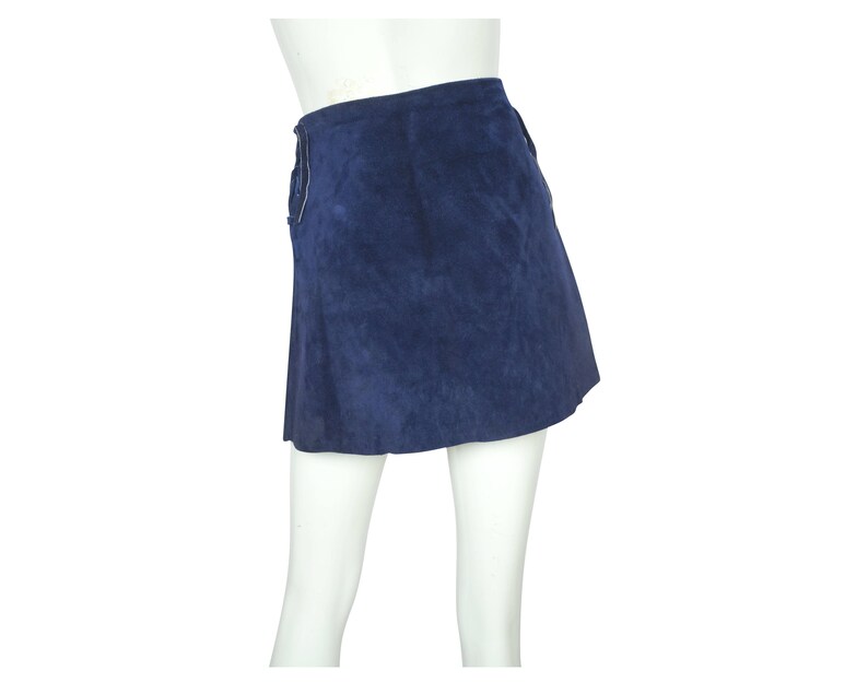 Vintage 60s Micro Mini Skirt Blue Suede Leather Lace Up Sz M VFG image 5