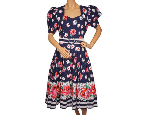 Vintage 1980s Dress Rose Flowers Floral Print Cott