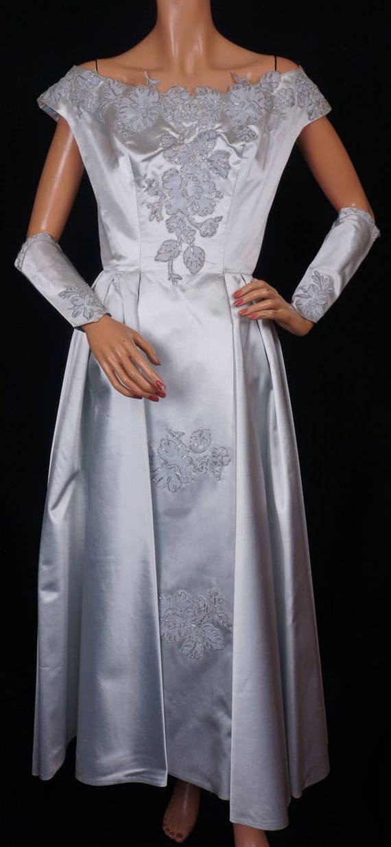 1950s Blue Silk Dress with Gauntlets - Size M - V… - image 4