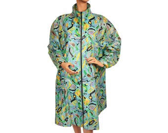 Vintage 1980s Raincoat New Wave Print Ladies Size M L - VFG