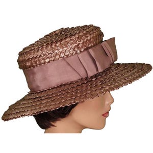 Vintage 1960s Taupe Boater Straw Hat