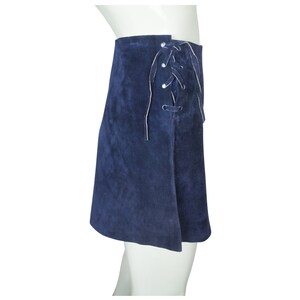 Vintage 60s Micro Mini Skirt Blue Suede Leather Lace Up Sz M VFG image 4