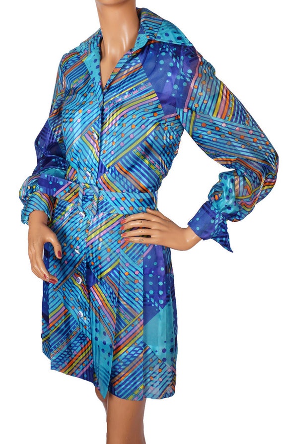 1970s Dress Blue Graphic Print - Shirtdress - Siz… - image 3