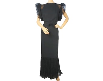 Vintage 1930s Evening Gown Black Crepe Dress with Lace Cap Sleeves Size M L