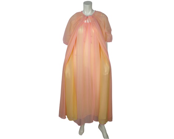 Vintage 60s Peignoir Set Pink Yellow Nylon Nightgo