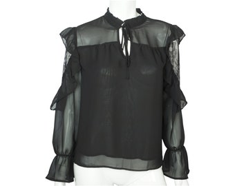 Vintage Chiffon Blouse Black with Lace Sleeve VFG Size M