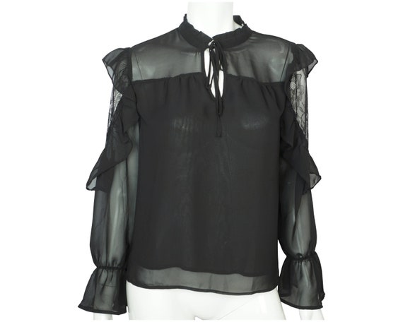 福袋 バースデイ Blouse Chiffon Vintage Black Etsy - M Size VFG Sleeve Lace With シャツ+ブラウス(長袖+七分)