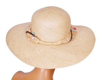 Sombrero de paja vintage de los años 60 para verano, talla M para mujer.