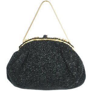 May include: A black beaded evening bag with a gold clasp and chain strap.