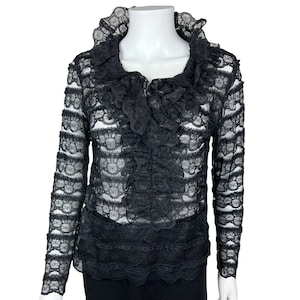 Vintage 1960s Black Lace Blouse w Ruffled Collar Nylon Made in England Size M - VFG