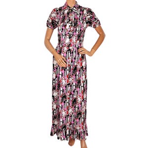 1970s Maxi Dress - Graphic Print -  Smocked Top - Size M - VFG