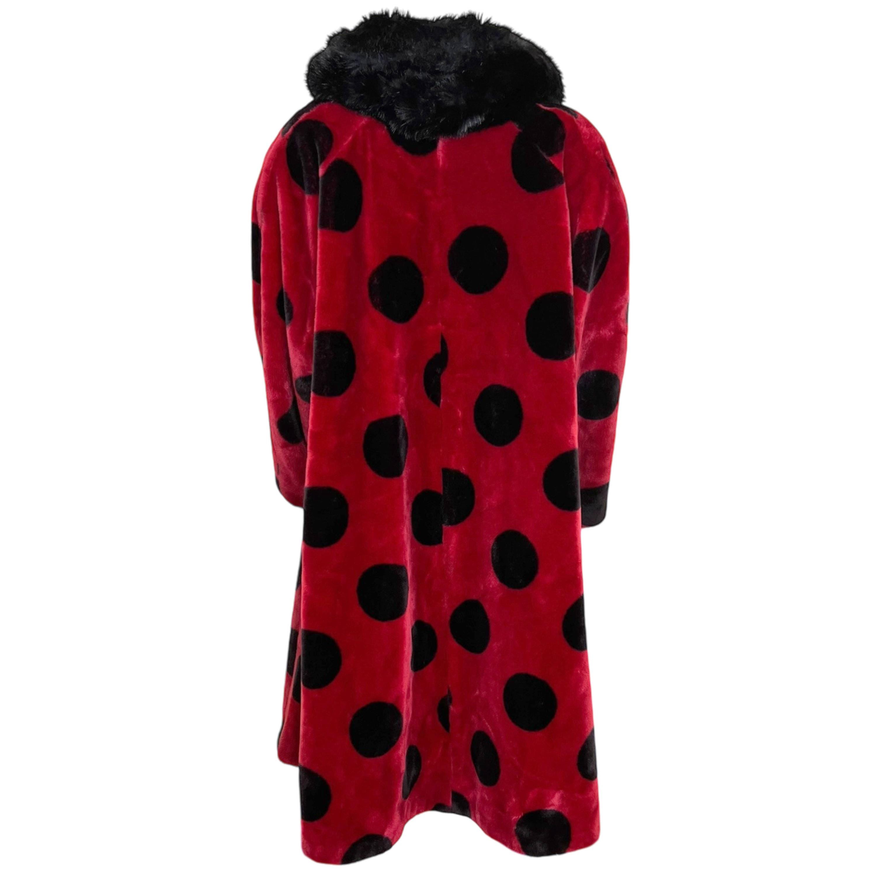 Vintage 1980s Jean-claude Poitras Faux Fur Coat Red W Black Polka