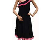 1970s One Shoulder Dress Black & Pink with Ruffles
