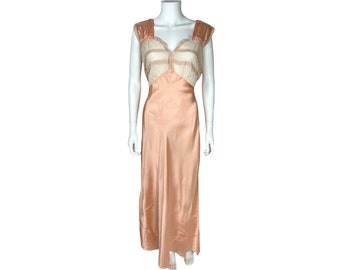 Vintage 1940s Nightie Pink Satin w Sheer Bodice & Lace Trim Nightgown Size L - VFG