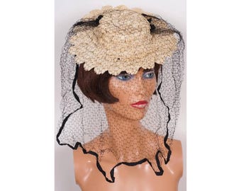 Vintage 1940s Off-White Straw Tilt Hat with Black Tulle Veil as is