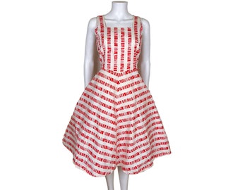 Vintage 1950s Cotton Day Dress Red Striped Pattern Size L