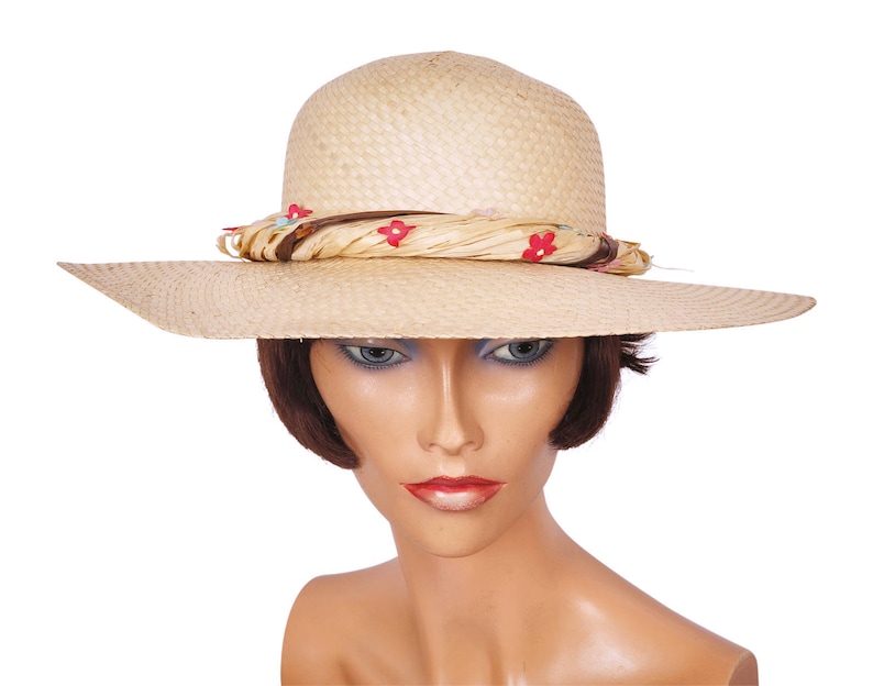 Vintage 1960s Straw Summer Sun Hat Ladies Size M image 4