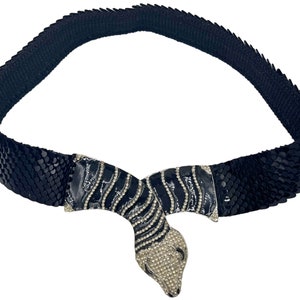 Vintage 1980s Sequinned Stretch Belt with Snake Head Buckle Enamel & Rhinestones Size L VFG