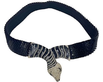 Vintage 1980s Sequinned Stretch Belt with Snake Head Buckle Enamel & Rhinestones Size L VFG