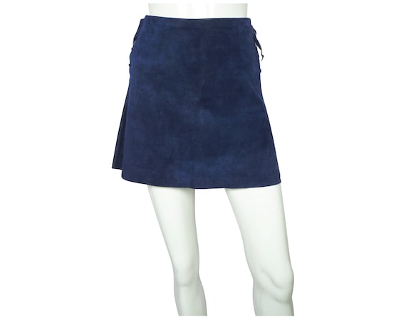 Vintage 60s Micro Mini Skirt Blue Suede Leather L… - image 1