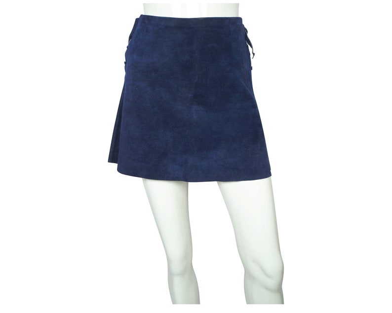 Vintage 60s Micro Mini Skirt Blue Suede Leather Lace Up Sz M VFG image 1