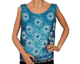 Vintage 1960s Blaues Pailletten Oberteil Top M