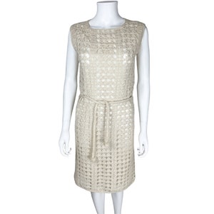 Vintage 1960s Crochet Knit Dress by Aristo Cream White w Gold Thread - VFG