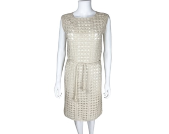 Vintage 1960s Crochet Knit Dress by Aristo Cream White w Gold Thread - VFG