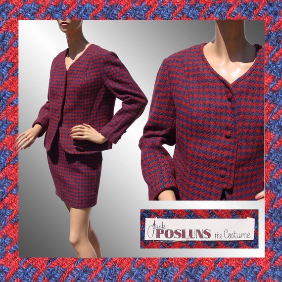 Vintage 1960s Suit Red & Blue Houndstooth Tweed W… - image 5