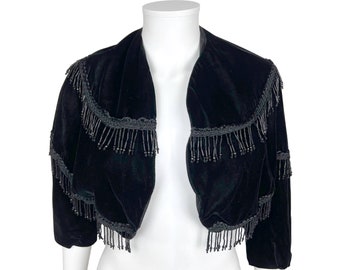 Vintage 1960s Black Velvet Bolero Jacket with Beaded Fringe Size M - VFG