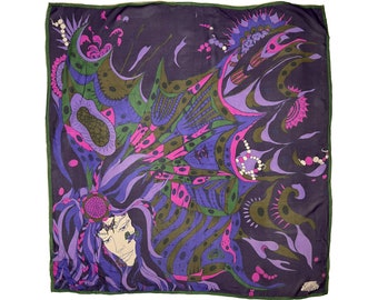 Vintage 1970s Psychedelic Scarf Butterfly Lady Bellotti Italy Silk Chiffon 33.5”