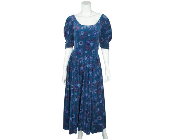 Vintage 1980s Laura Ashley Dress Floral Blue Velve