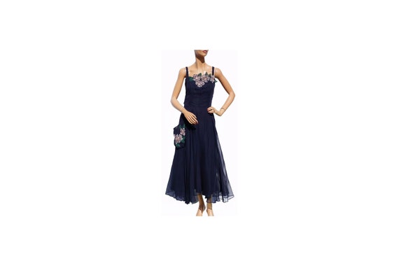 Vintage 1940s Dark Blue Chiffon Dress - Hand Paint
