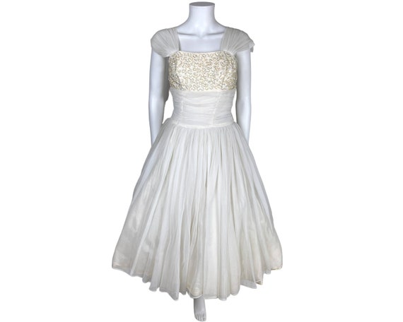Vintage 50s Party Dress White Nylon Chiffon w Seq… - image 1