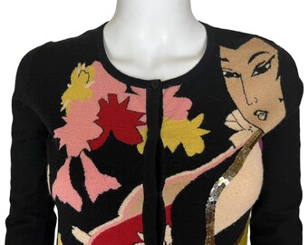 Vintage 1990s Kenzo Jungle Geisha Face Sweater Black Wool Cardigan